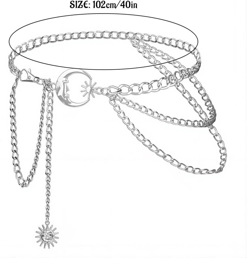 Pinsit Moon and Sun 3 Layered Metal Waist Chain Belt, Chain belt, Chain Belts for Women Dress Jeans(Silver) - Image 2